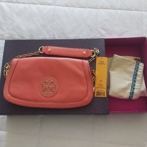 Brand new Tory burch Amanda logo clutch strawberry colour